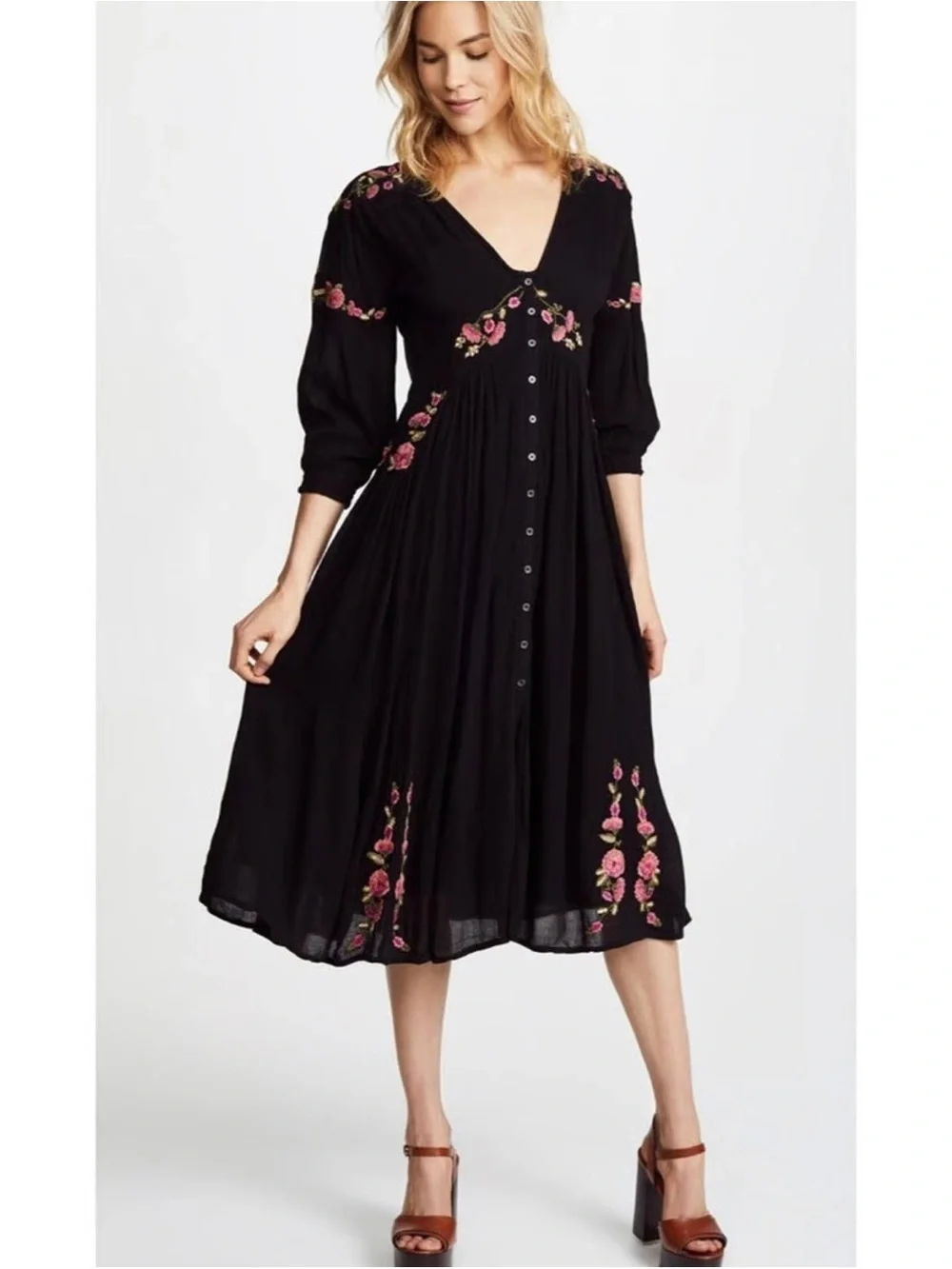 Free People Day Flow Black Floral Embroidered Midi Dress